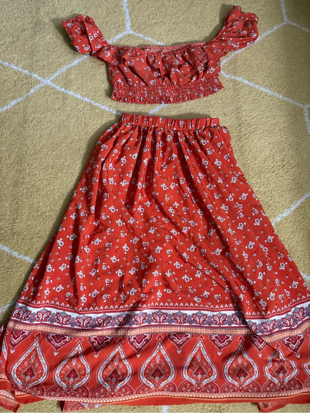 SHEIN Red Floral Two-Piece Crop Top and Maxi Skirt Set